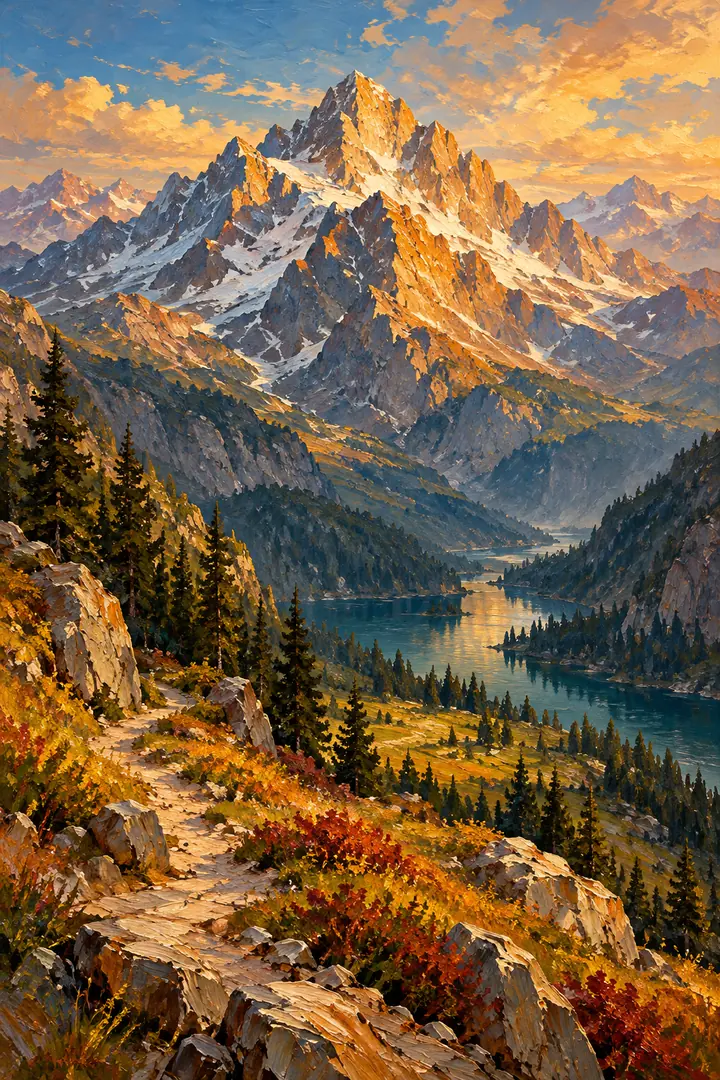 Vertical oil painting of a fully visible, sunlit alpine summit above a deep teal valley, with a winding footpath crossing an amber meadow in the foreground.