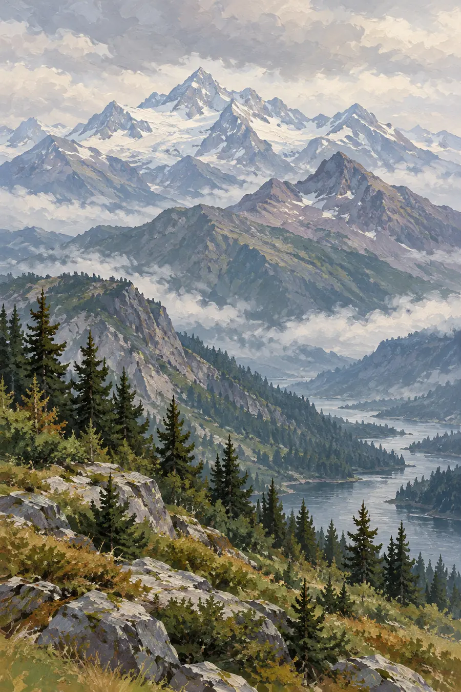Vertical gouache painting of snowy mountain peaks fading into mist above a pine-covered rocky ridge and winding water.