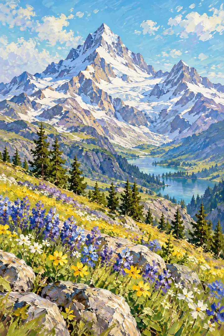 Vertical impressionist painting of a snow-covered alpine peak above a turquoise valley lake and a flower-filled meadow.