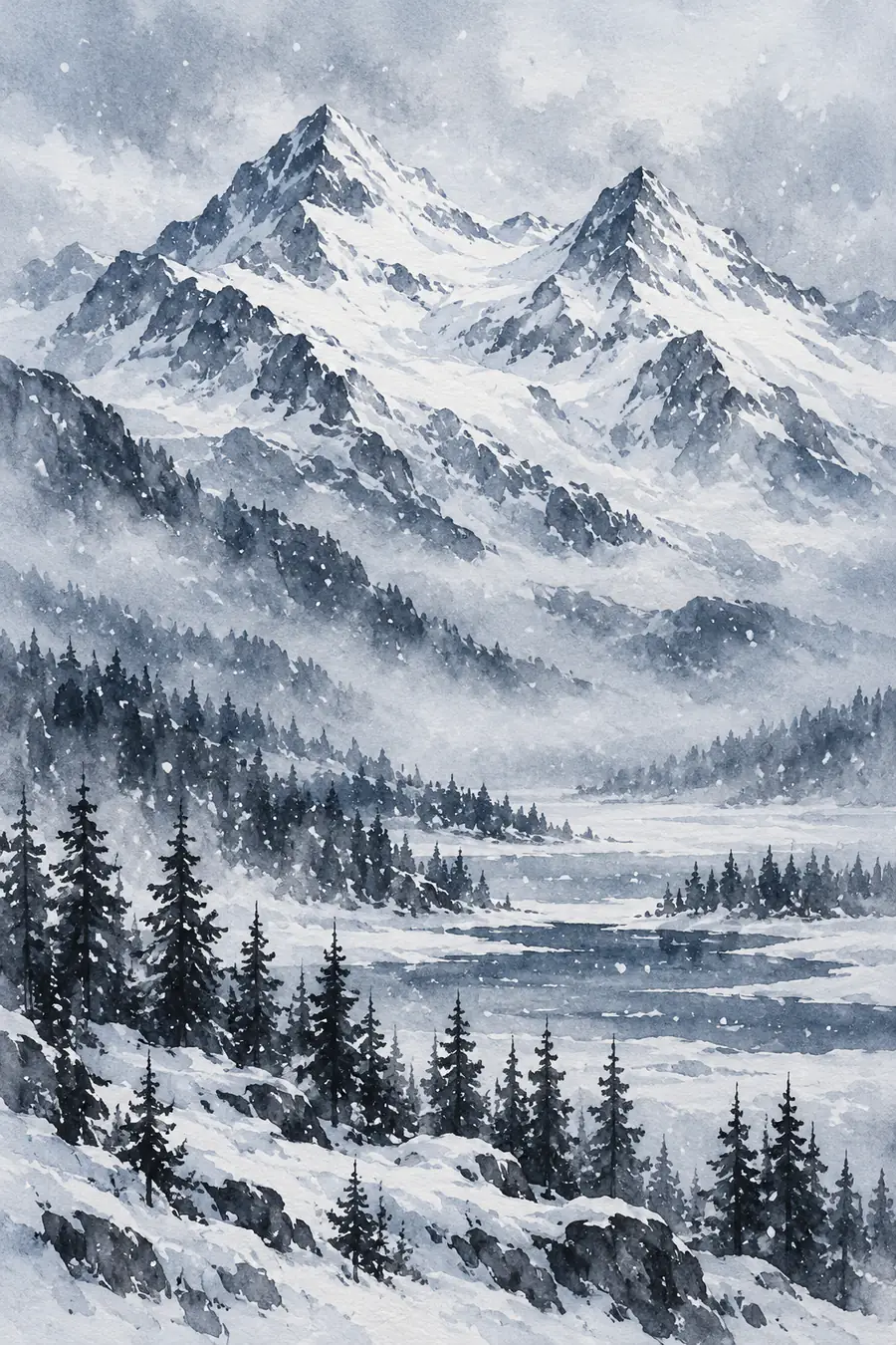 Vertical blue-gray ink-wash painting of two snow-covered mountain peaks above layered snowy ridges, with dark foreground pines, falling snow, and pale mist.