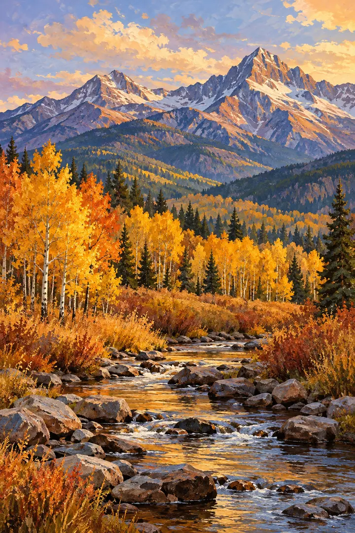 Vertical acrylic painting of two mountain summits above golden autumn aspens, with a winding rocky stream in the foreground.