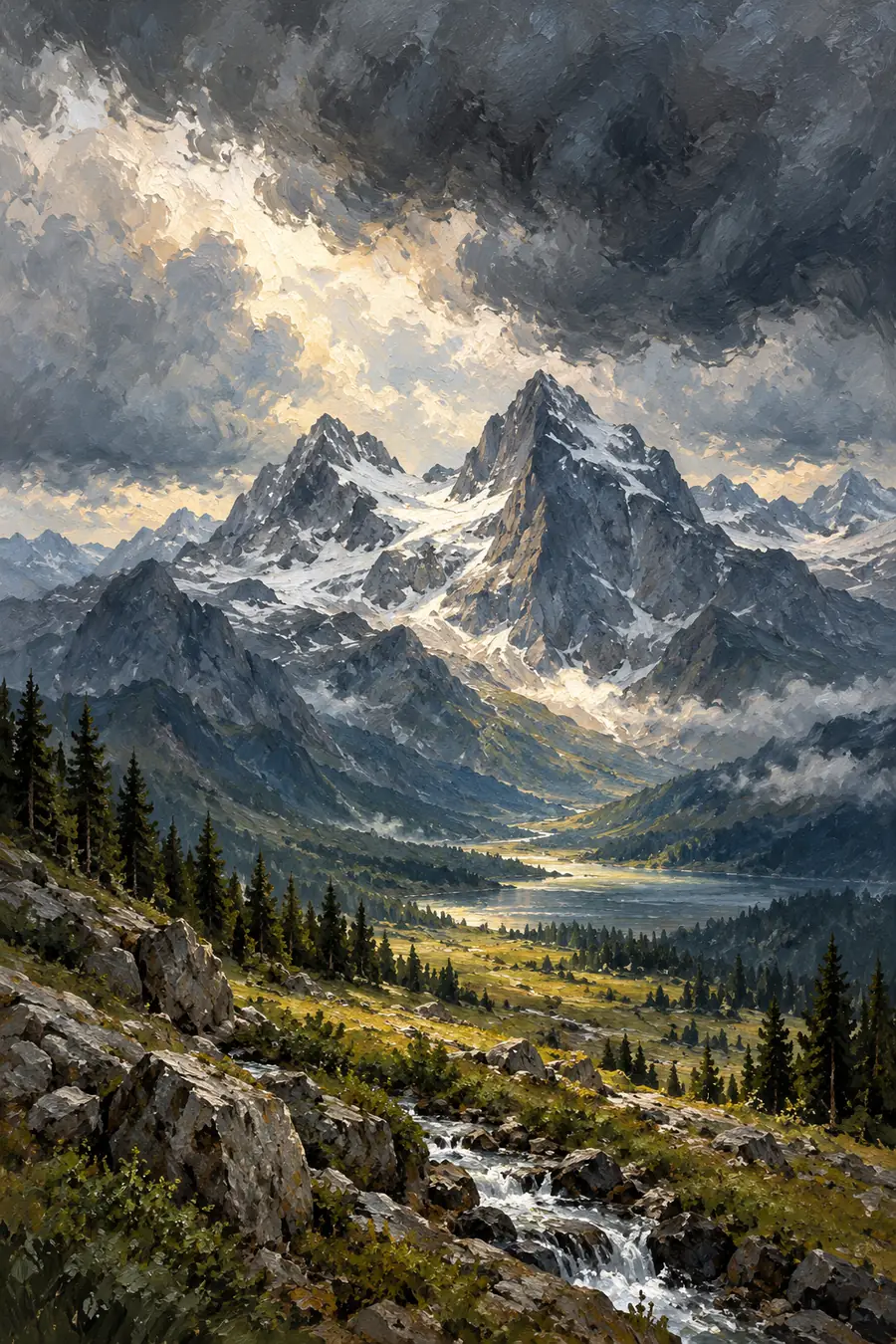 Vertical oil painting of two jagged alpine peaks beneath loaded storm clouds, with smoky blue ridges, a sunlit valley meadow, and rocky foreground.