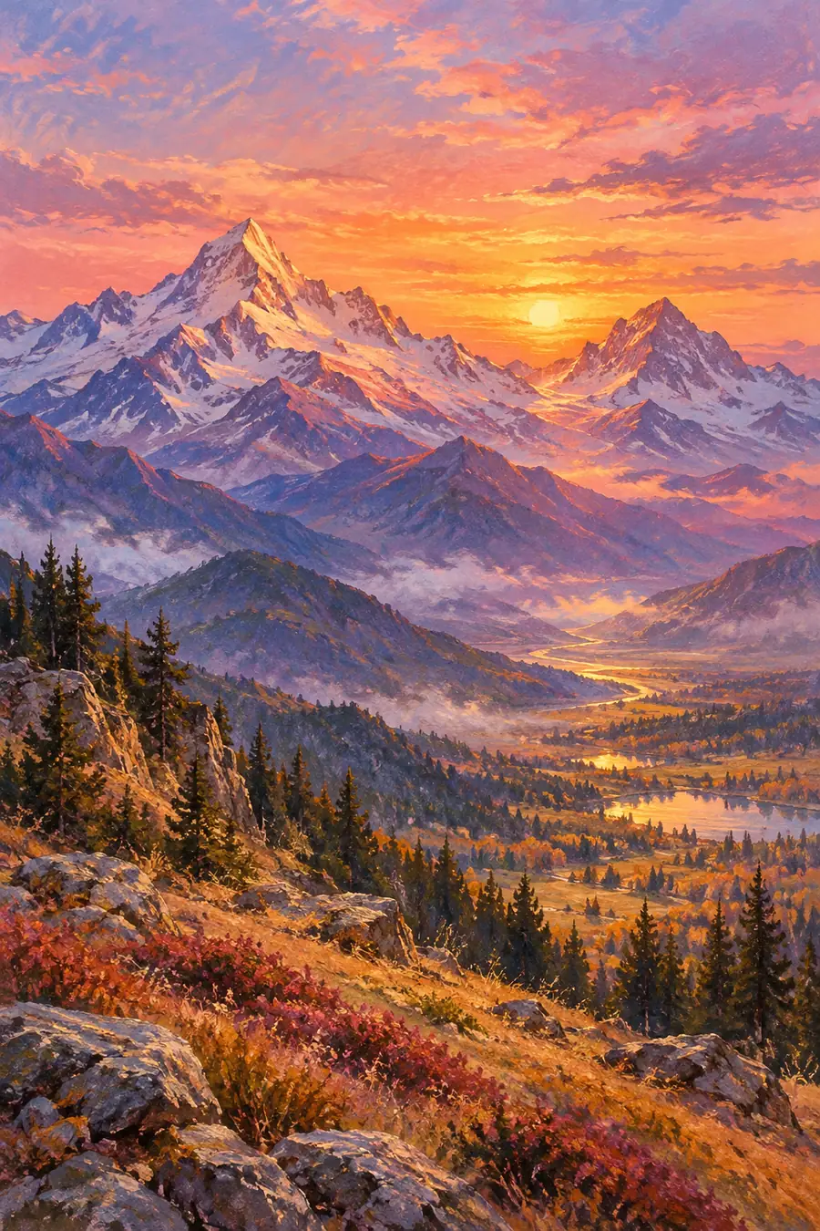 Vertical pastel-style mountain painting with two prominent summits, layered indigo ridges, a glowing sunset valley, and textured rocky foreground.