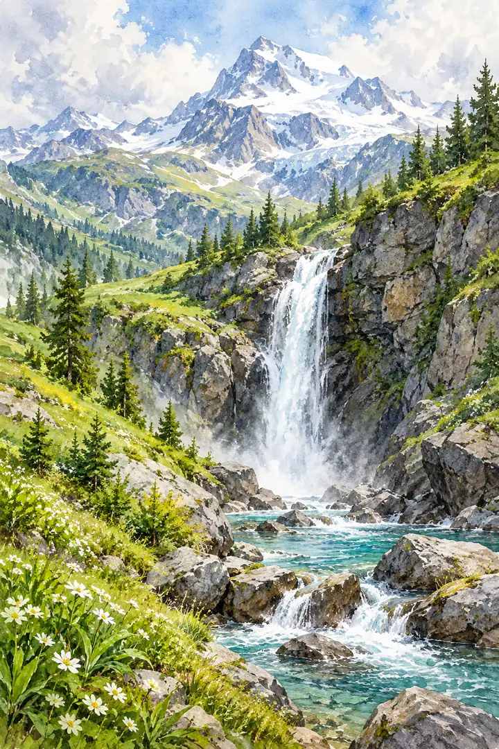 Vertical watercolor painting of a snow tipped mountain above green slopes, with a central waterfall spilling into a rocky turquoise pool.