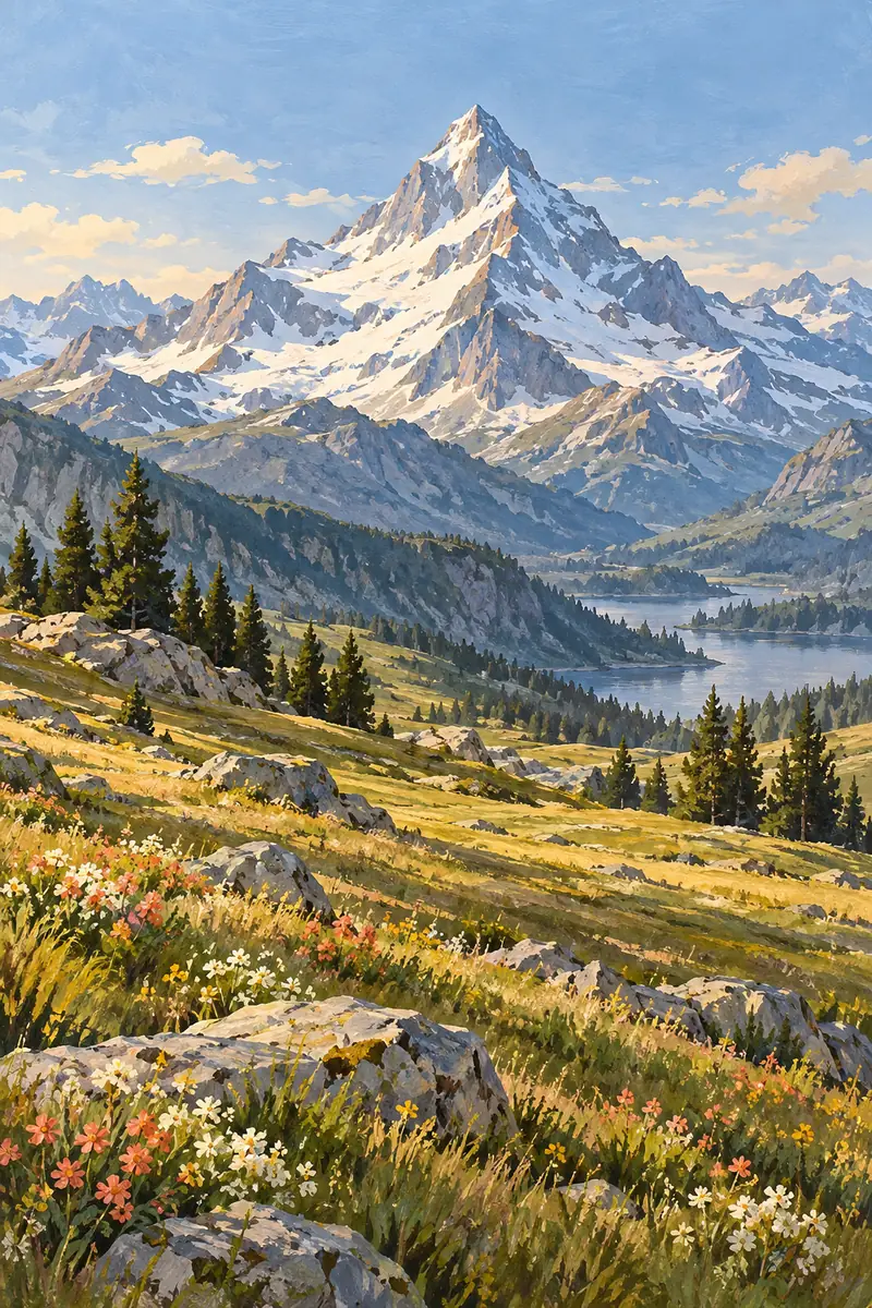 Vertical gouache-style painting of a snow-streaked alpine peak above a rocky meadow with small flowers and distant foothills.