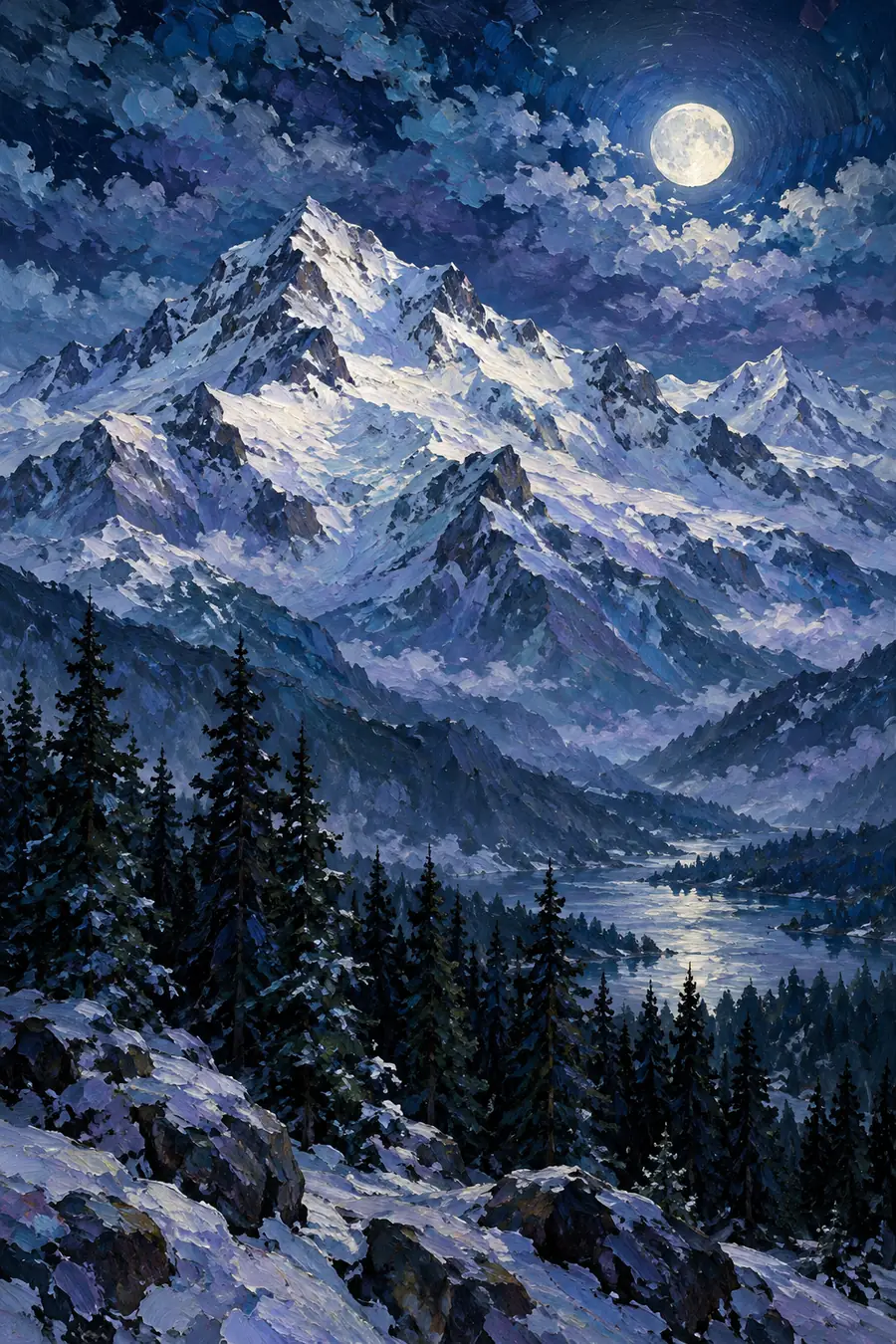 Impressionist moonlit mountain painting with a fully visible snowy summit, distant blue peaks, and dark evergreen foreground.