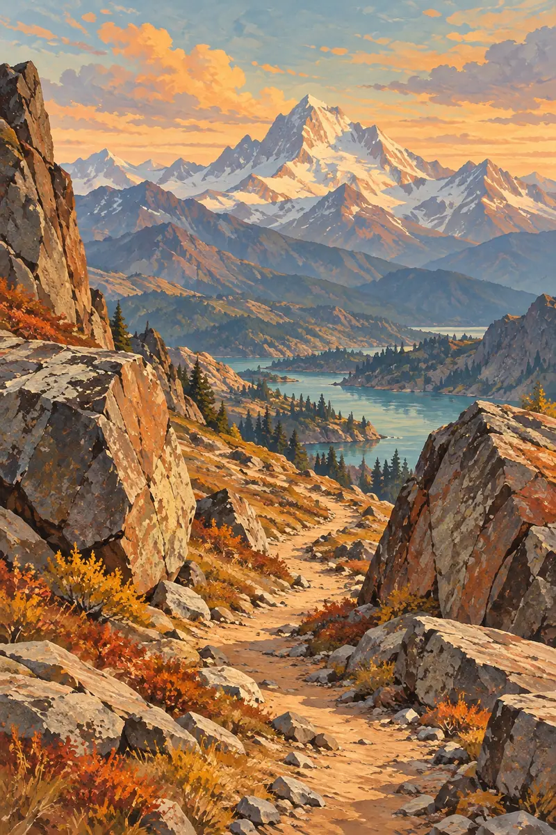 Vertical gouache painting of a winding trail between rocky foreground boulders, leading through an alpine pass toward a sunlit summit and distant lake.