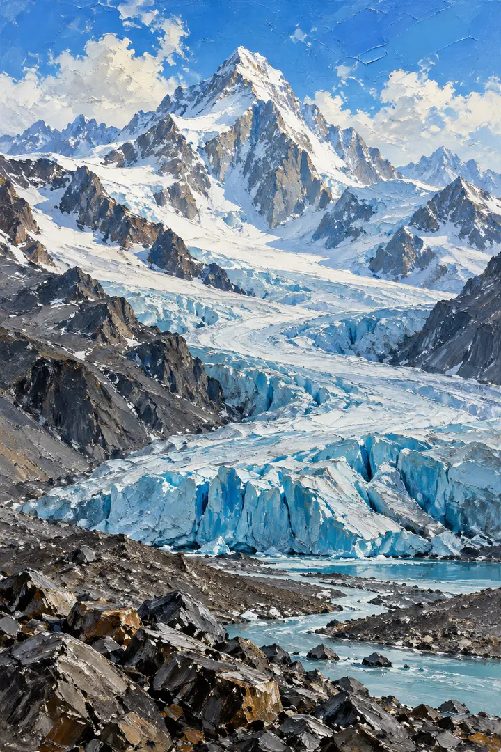 Vertical oil painting of a fully visible alpine summit above a broad blue glacier, with layered peaks and a rough dark moraine foreground.
