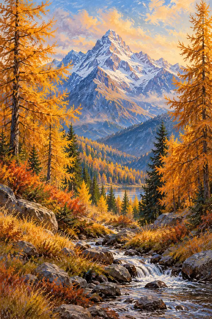 Vertical pastel mountain painting with golden larches framing a snow-dusted peak, layered ridges, and a stream winding through the rocky foreground.