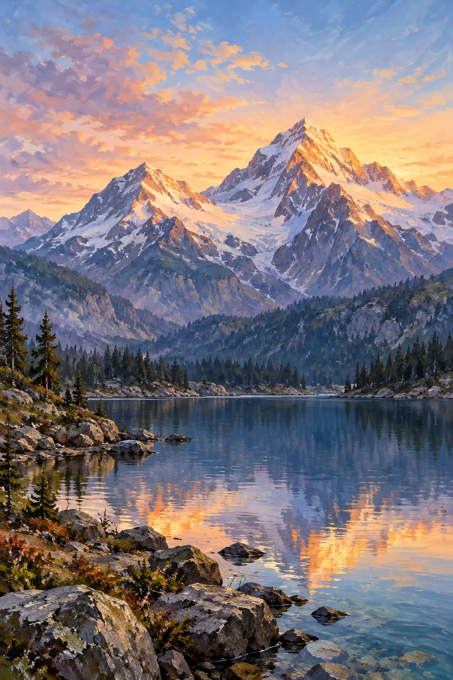 Vertical acrylic painting of two mountain summits at dawn above a reflective lake, with dark pines and a rocky shoreline in the foreground.