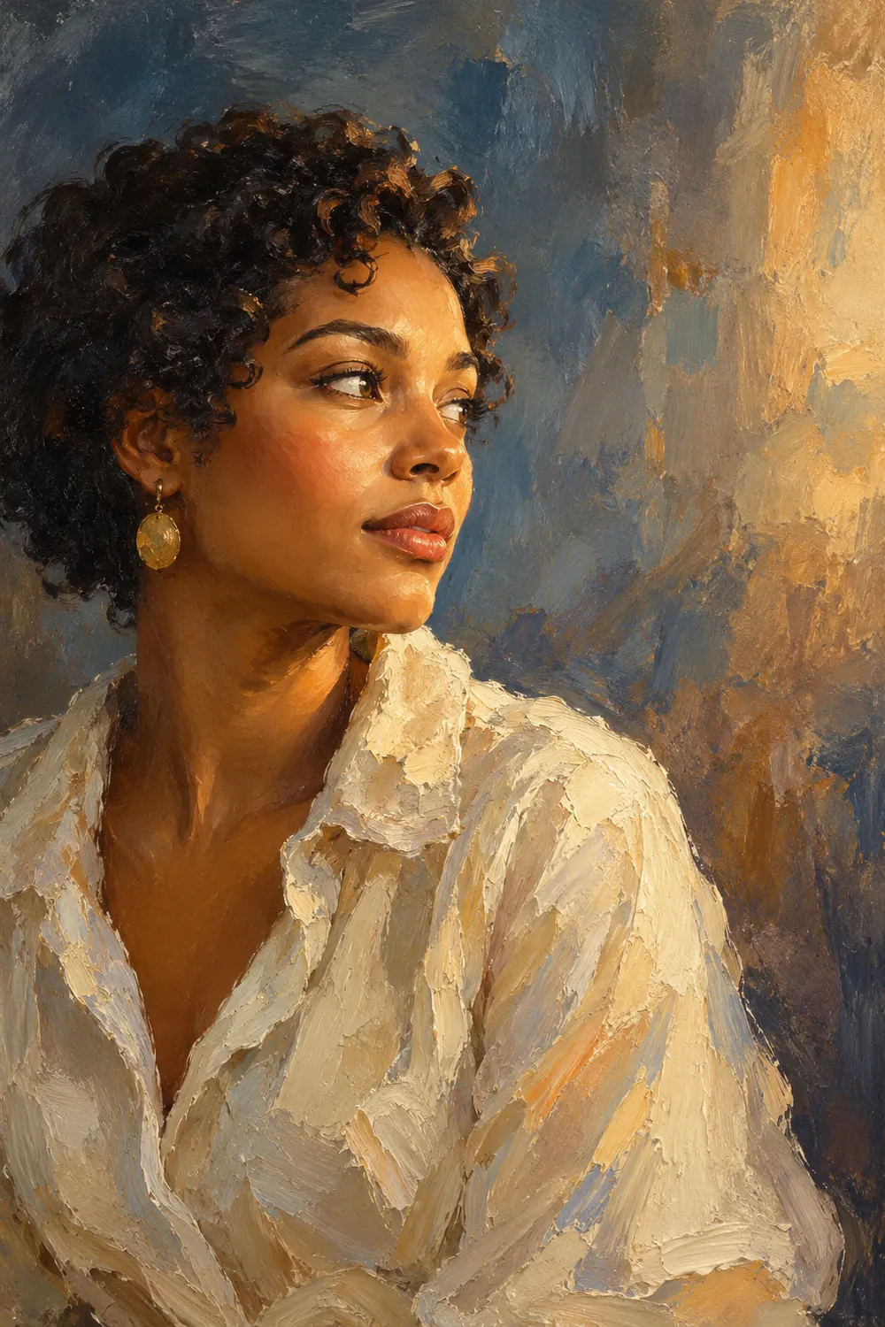 Vertical oil painting of a curly-haired adult woman in three-quarter profile, looking toward warm light against a brushed blue and umber background.