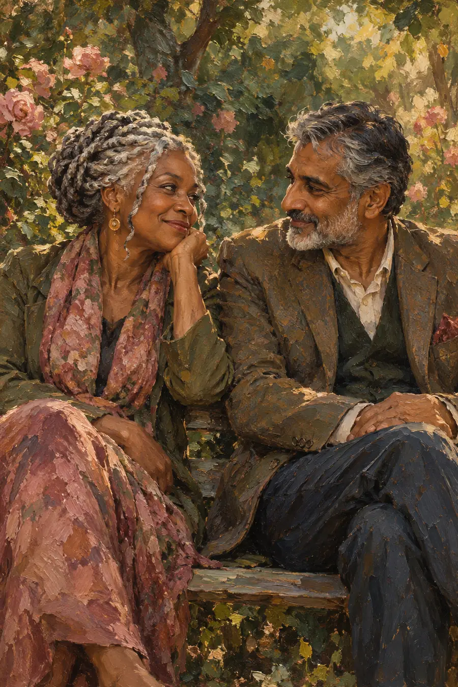 Vertical oil painting of a Black woman with silver twists and a South Asian man with salt-and-pepper hair seated together on a garden bench, facing one another amid rose blooms and leafy greenery.