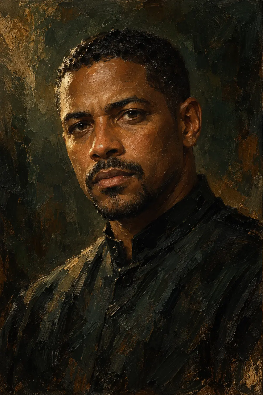 Textured oil painting of a fictional adult man in a dark high-collared shirt, warmly lit against a deep green and umber background.