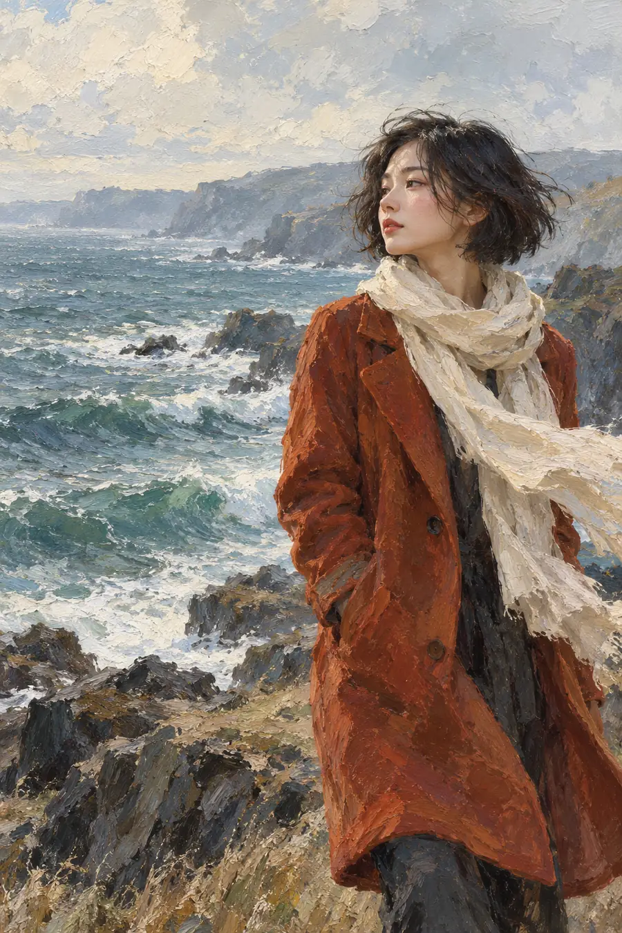 Finished oil portrait of a woman in a rust-colored coat and windblown cream scarf, looking left over a textured coastal sea.