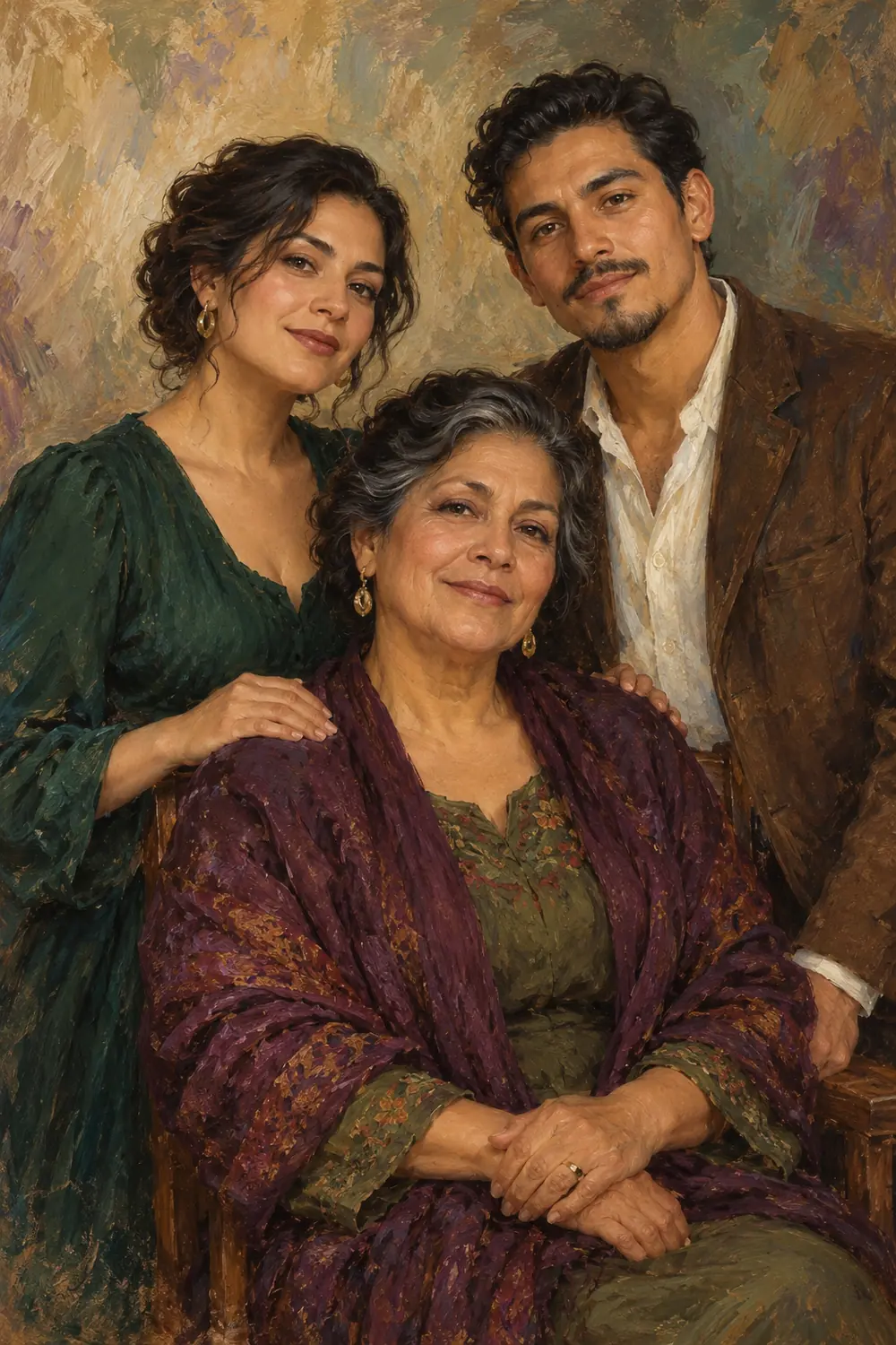 Oil painting of a seated older woman with a younger woman and man standing behind her against a textured ochre and sage background.