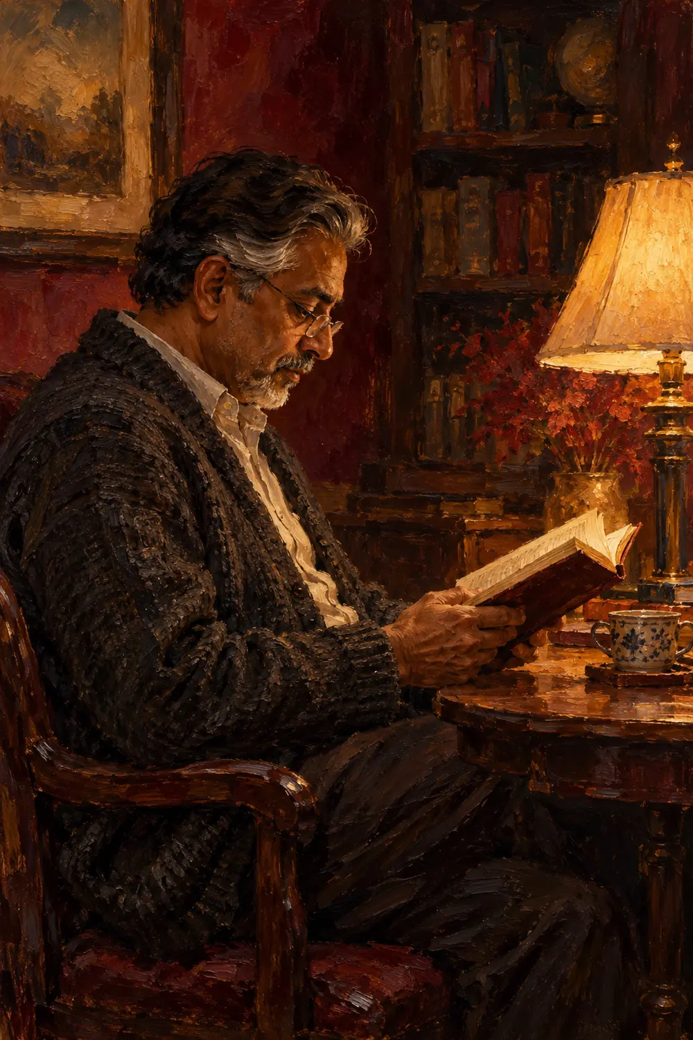 Vertical oil painting of a gray-templed man in profile reading an open book beside a glowing table lamp in a dark, warmly colored study.