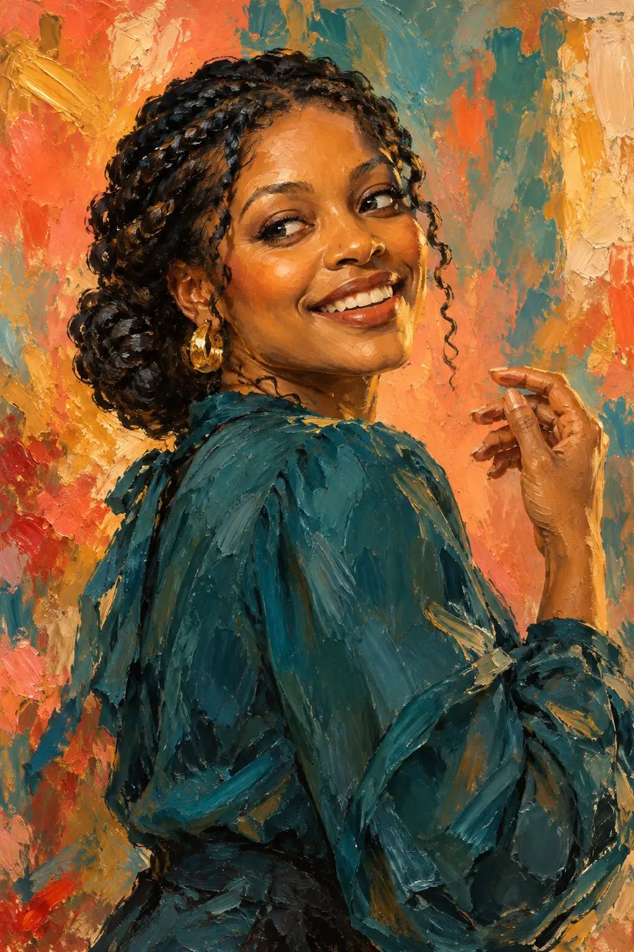 Expressive oil portrait of a smiling Black woman with gathered braids, turning over her shoulder with one hand raised against a sweeping coral, teal, and ochre background.