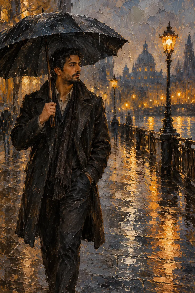 Textured oil painting of a dark-coated adult man holding an umbrella and looking toward glowing street lights reflected on a rainy city street at dusk.