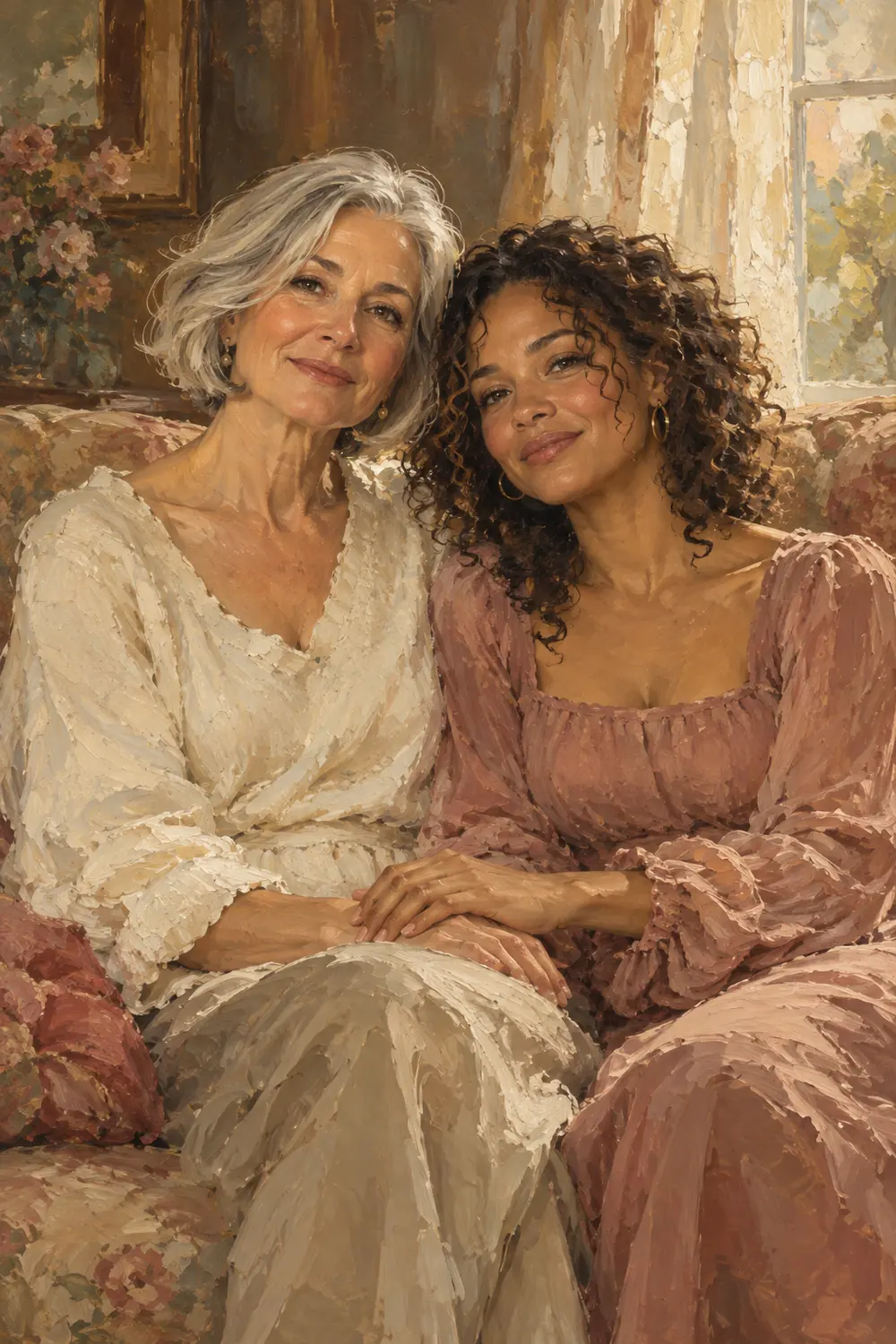 Vertical oil painting of a silver-haired mother and her curly-haired adult daughter seated close together on a sofa, hands touching in a warm, softly lit room.