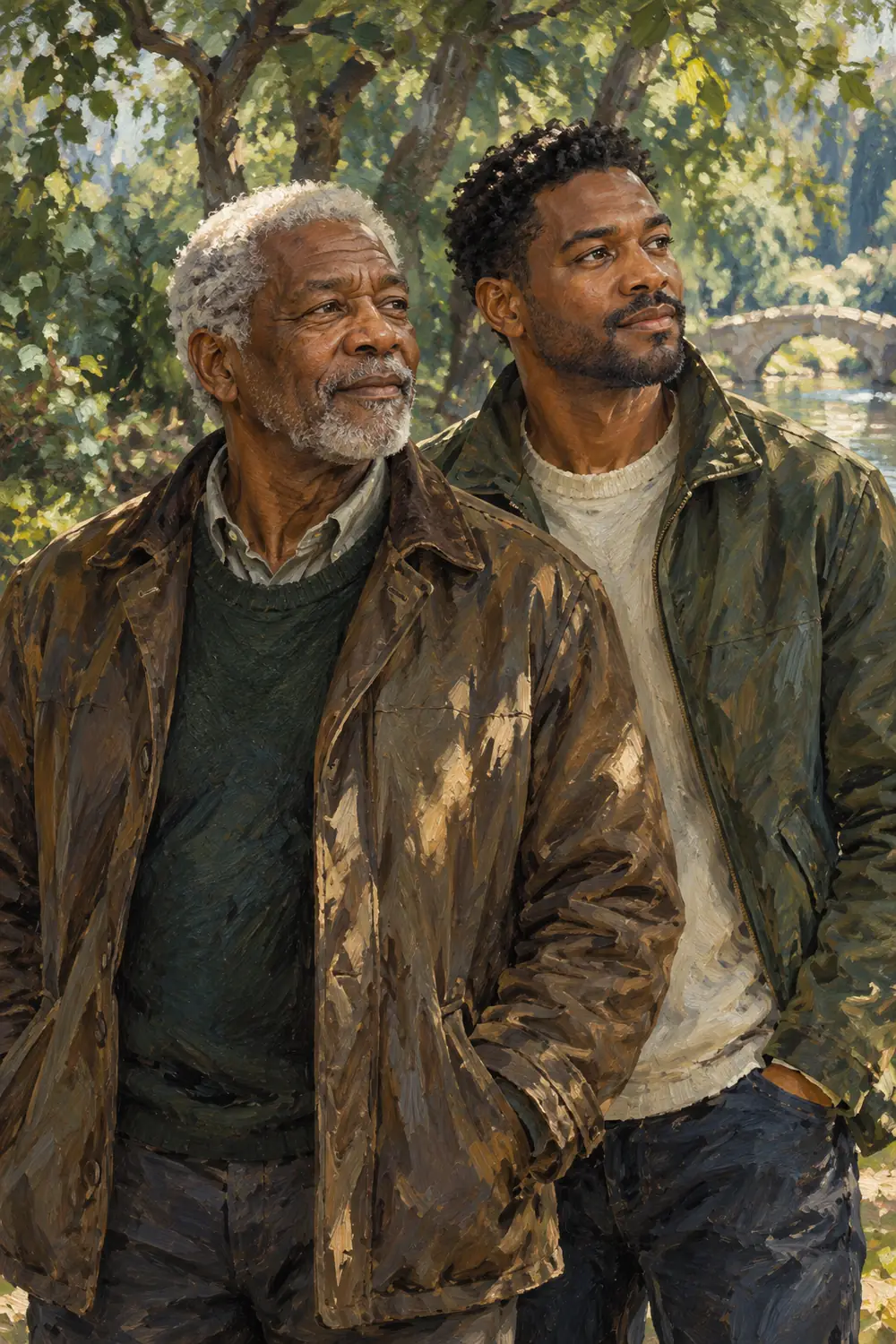 Oil painting of a silver-haired Black father and his adult son in casual jackets, standing together beneath dappled park foliage and looking off-frame.