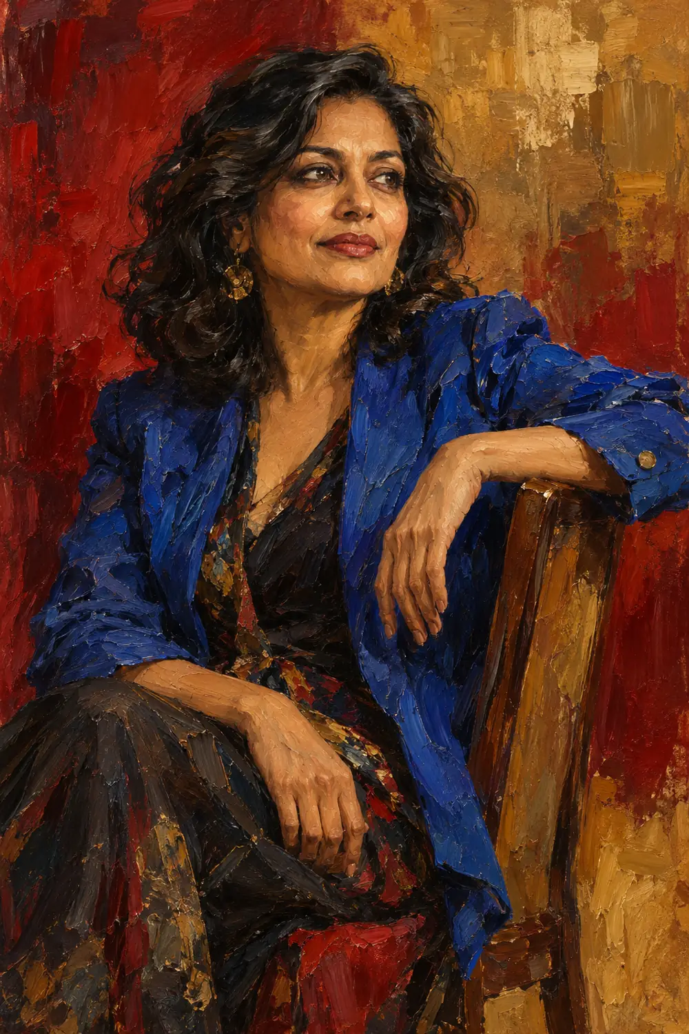 Stylized oil painting of a seated South Asian woman with shoulder-length dark wavy hair, wearing a cobalt jacket and resting one arm over a chair back against deep red and muted gold fields.