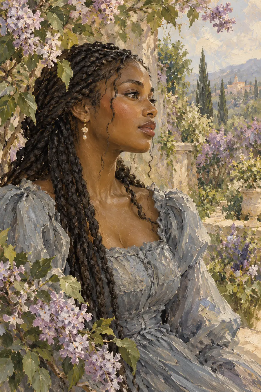 Oil-painted profile of a woman with long dark braids in a gray-blue dress, surrounded by pale blossoms and a softly brushed garden.