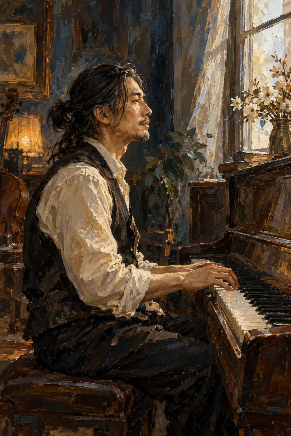 Vertical oil painting portrait of a long-haired adult man seated at an upright piano, facing a sunlit window in a warmly shadowed music room.