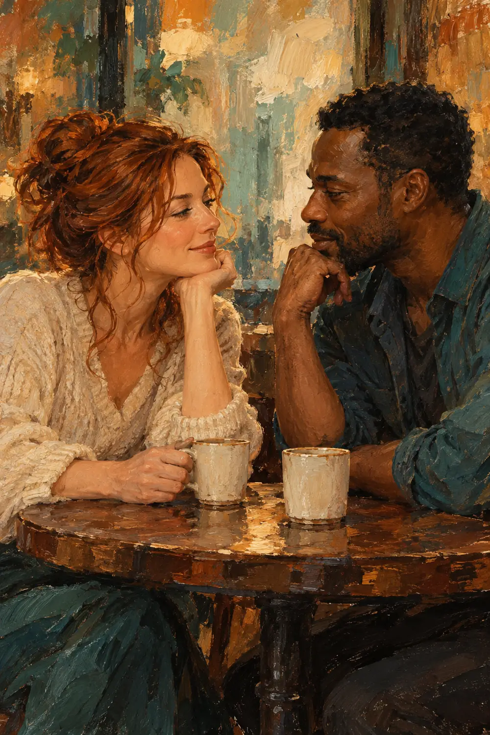 Vertical oil painting of a red-haired woman and a short-haired Black man leaning toward one another across a café table with cups.