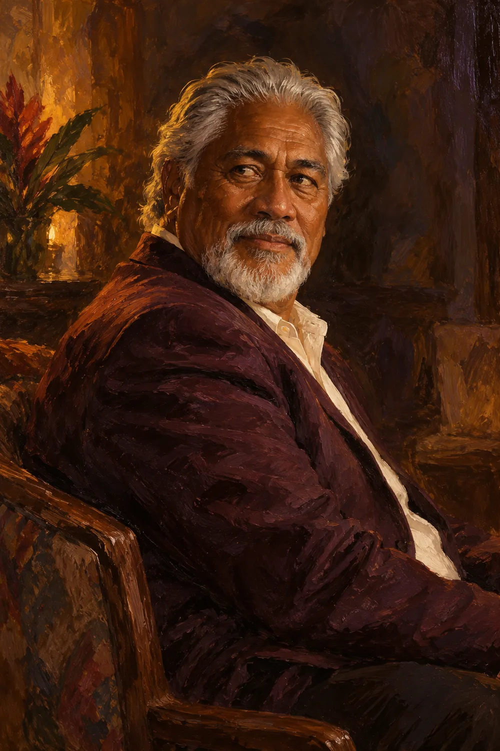Oil portrait of a silver-haired, bearded older man in a plum jacket, glancing back in a warmly lit interior.