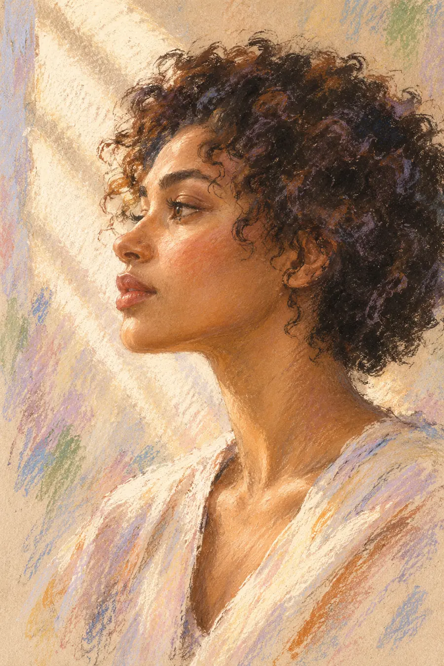 Soft pastel painting of a fictional adult woman with medium-brown skin and short dark curls, shown in left-facing profile on warm ivory textured paper with a bright diagonal wash of light.