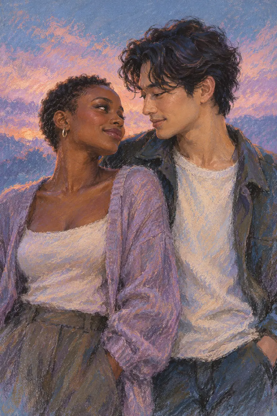 Soft-pastel painting of a Black woman with close-cropped hair and an East Asian man with wavy dark hair facing one another against a lavender-apricot dusk on textured blue paper.