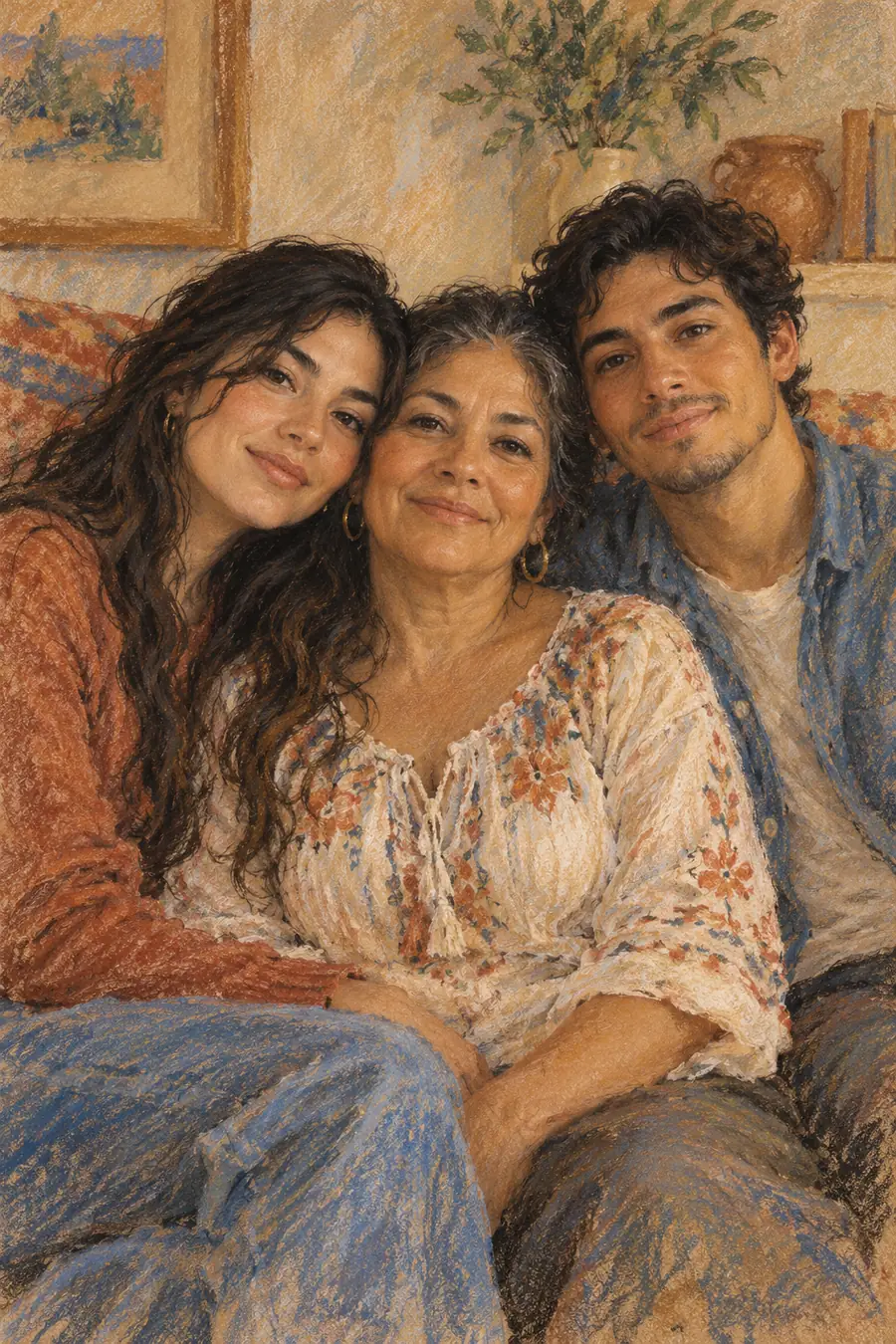 Soft-pastel painting of an older mother with her adult daughter and son sitting close together at home, rendered in warm tones on textured sand-colored paper.