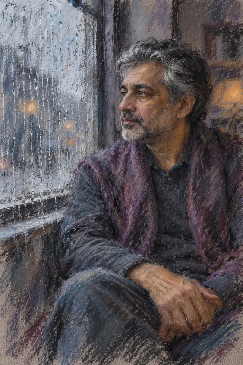 Soft-pastel painting of a fictional South Asian man with salt-and-pepper hair and a trimmed beard, seated with folded hands beside a rain-streaked window.