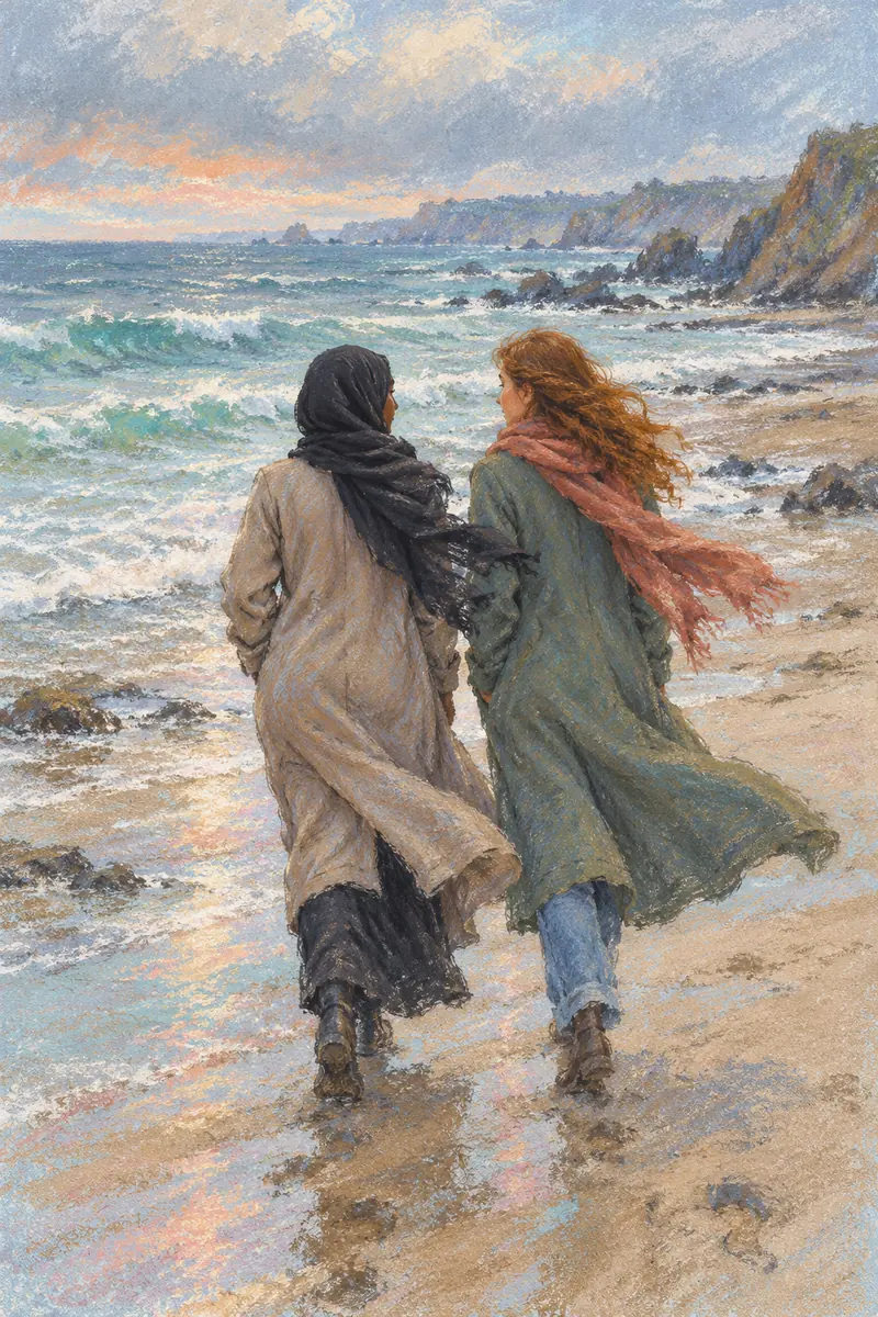 Soft-pastel painting of two women, one wearing a dark scarf and one with auburn hair, walking along a breezy coast beneath a cloudy open horizon.