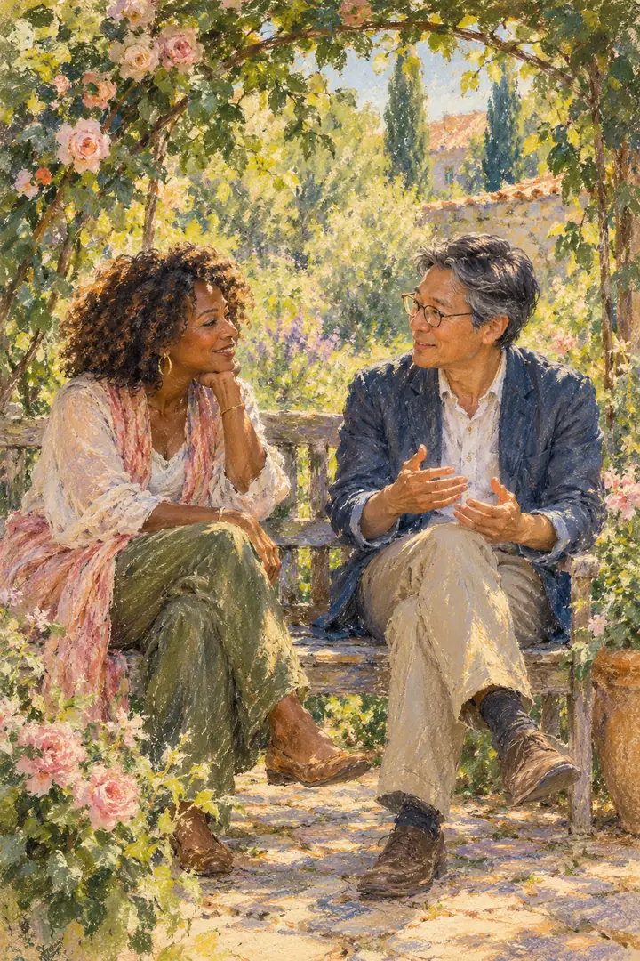 Textured pastel painting of a Black woman with natural curls and a Japanese man with glasses talking on a garden bench beneath leafy branches and roses in dappled golden light.