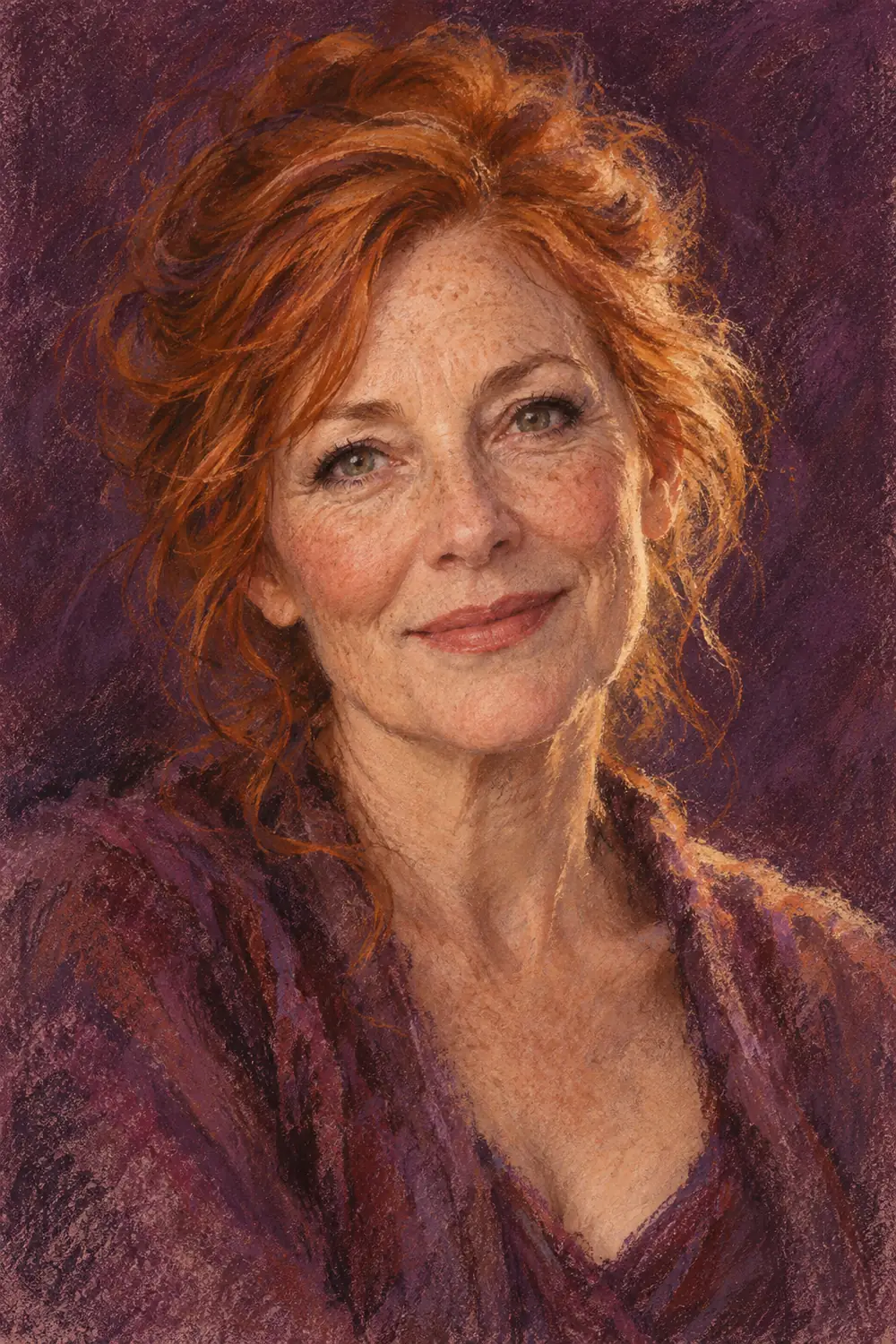Textured soft-pastel portrait painting of a freckled redheaded woman with wavy hair against deep plum, with warm light along her cheek and shoulder.