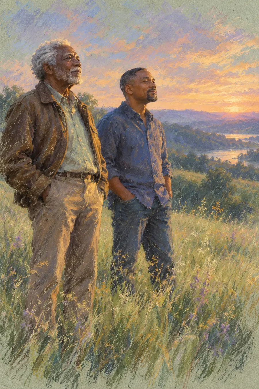 Soft-pastel painting of a silver-haired Black father and his adult son standing in a meadow, gazing toward the distance at sunset.