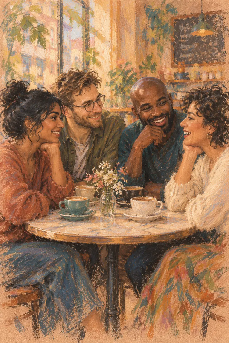 Soft-pastel painting of four adult friends gathered around a café table with cups and flowers, in warm light.