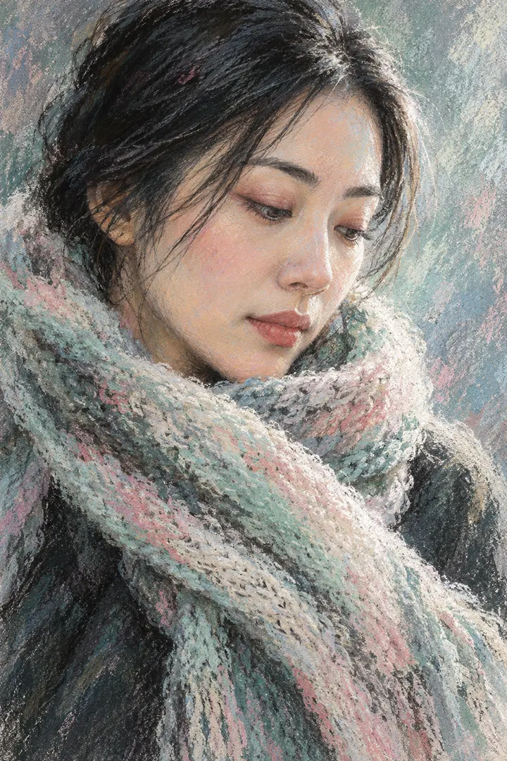 Soft-pastel portrait painting of a fictional East Asian woman with lowered eyes, dark hair, and a mint and rose knitted scarf against textured slate paper.