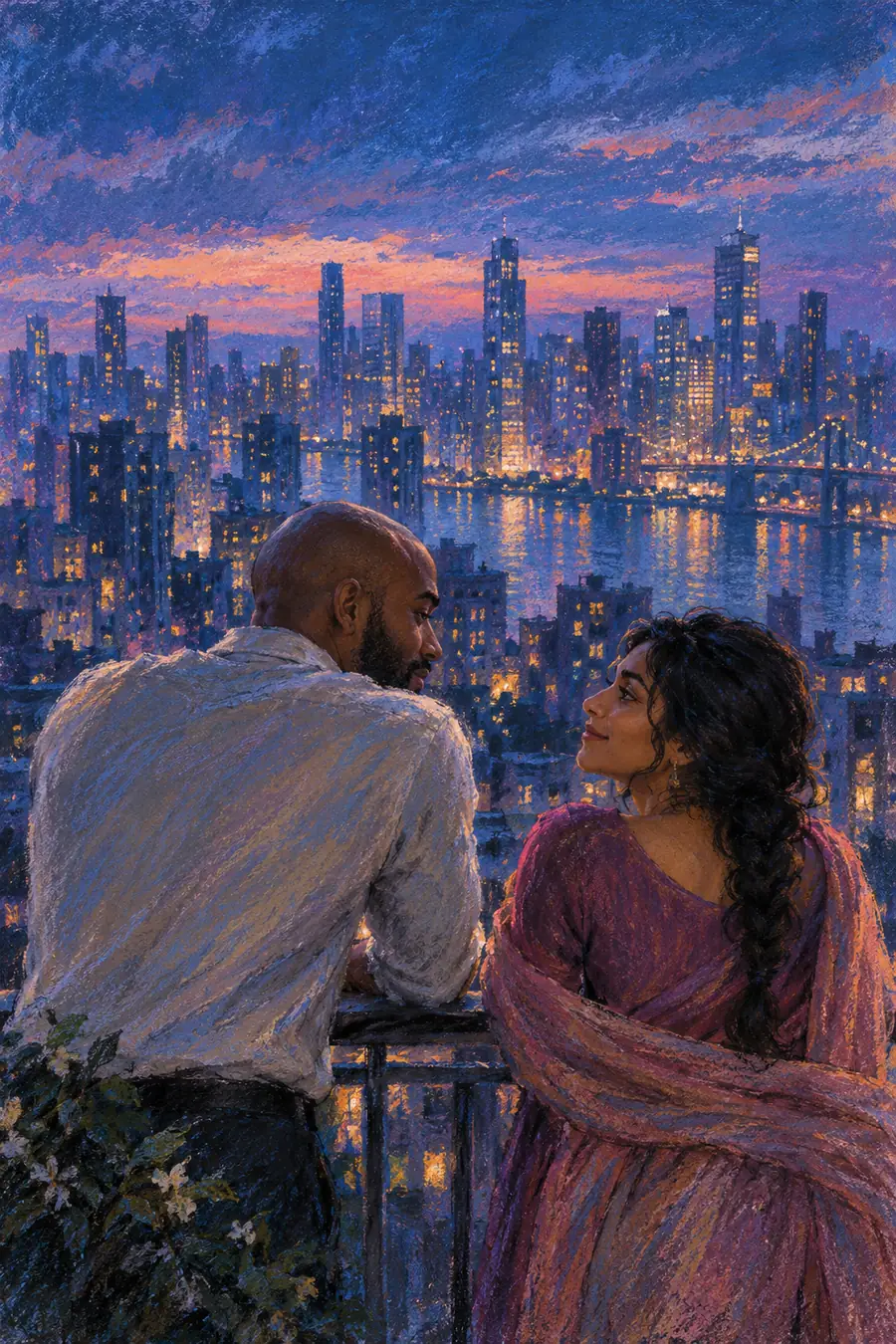 Soft-pastel painting of a Black man with a shaved head and a South Asian woman with a braid sharing a balcony, with a glowing city skyline at blue hour.