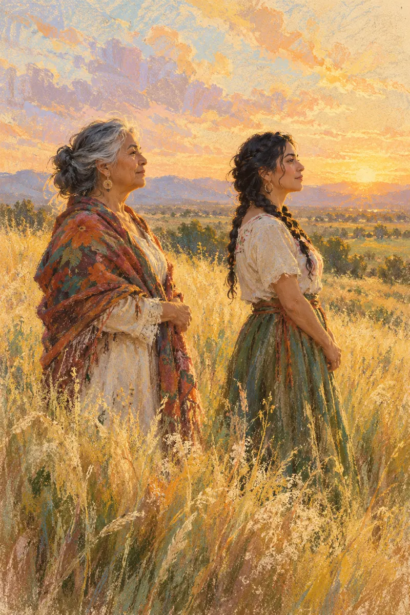 Soft-pastel painting of a silver-haired adult mother and her braided adult daughter standing in profile among golden grasses at sunset.