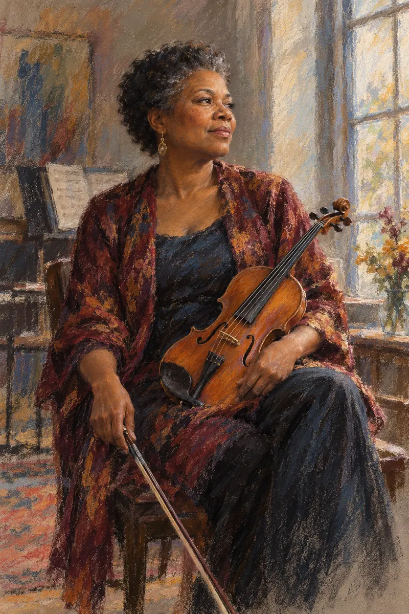 Soft-pastel painting of a Black woman musician in her 50s seated by a tall practice-room window, violin across her lap and bow in hand.