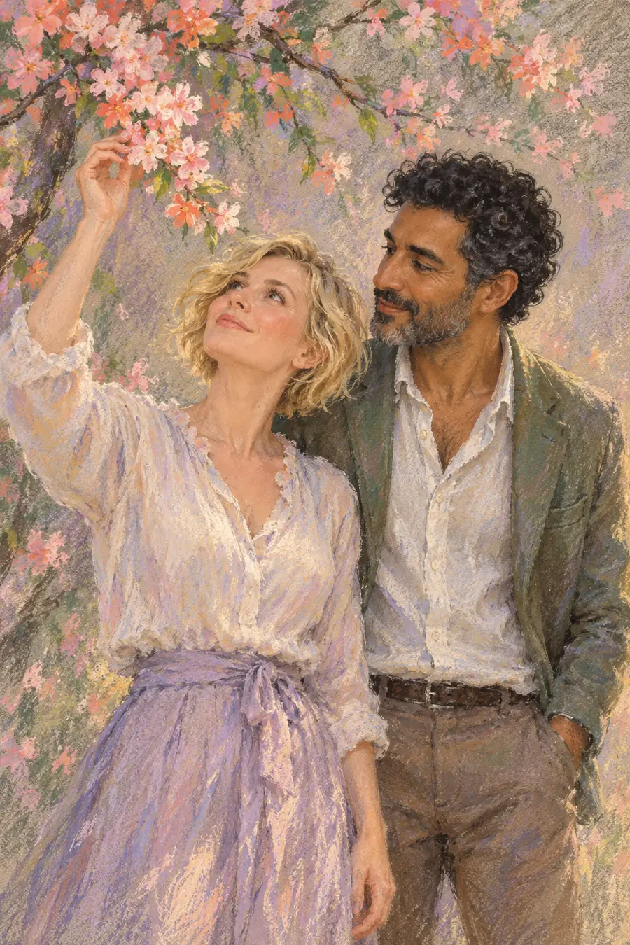 Soft pastel painting of a blonde woman and dark-curled man beneath coral blossoms; she looks up at the flowers while he looks toward her.