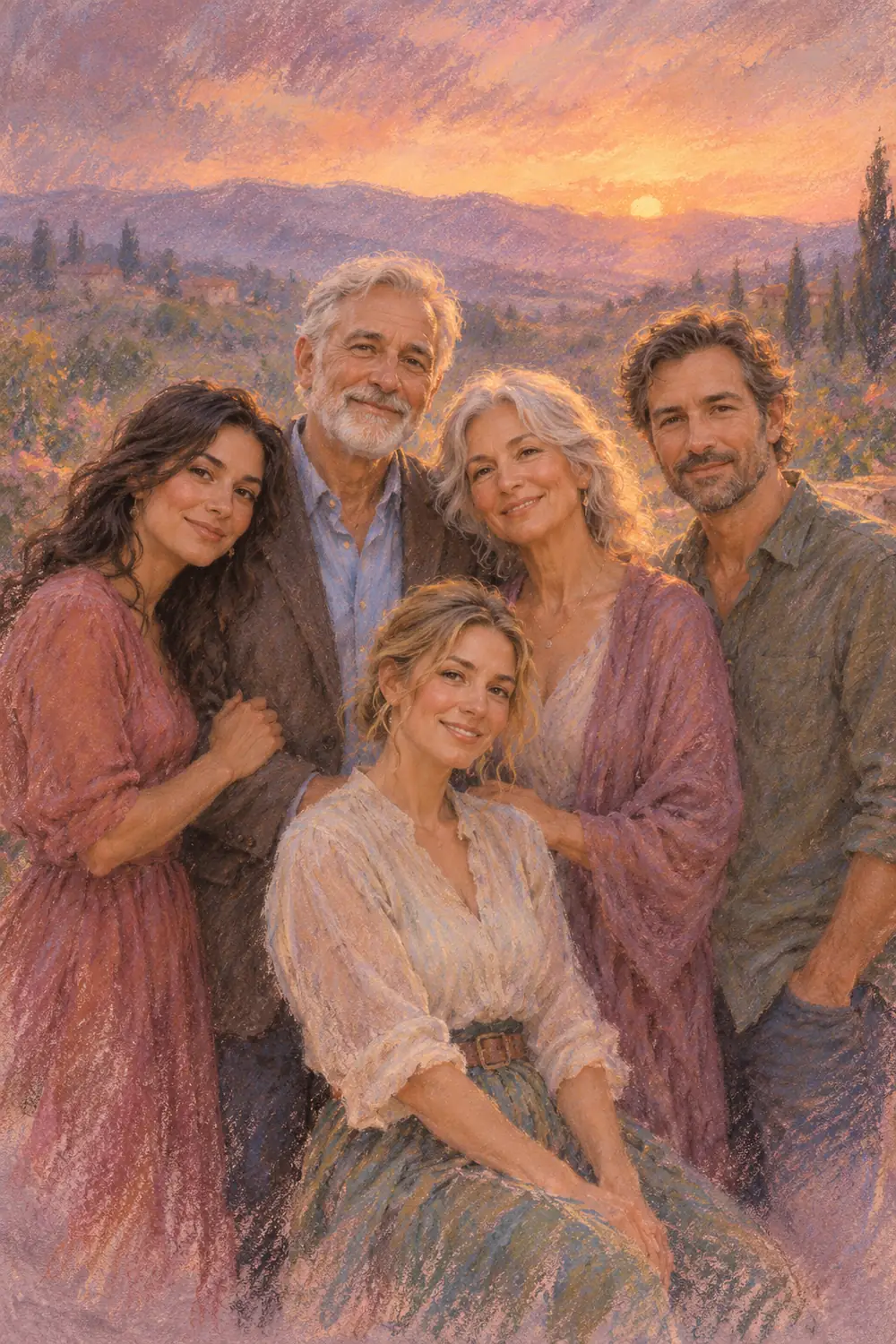 Soft-pastel painting of five adult relatives gathered outdoors at sunset, with textured strokes and a mauve, peach, rose, and violet palette.