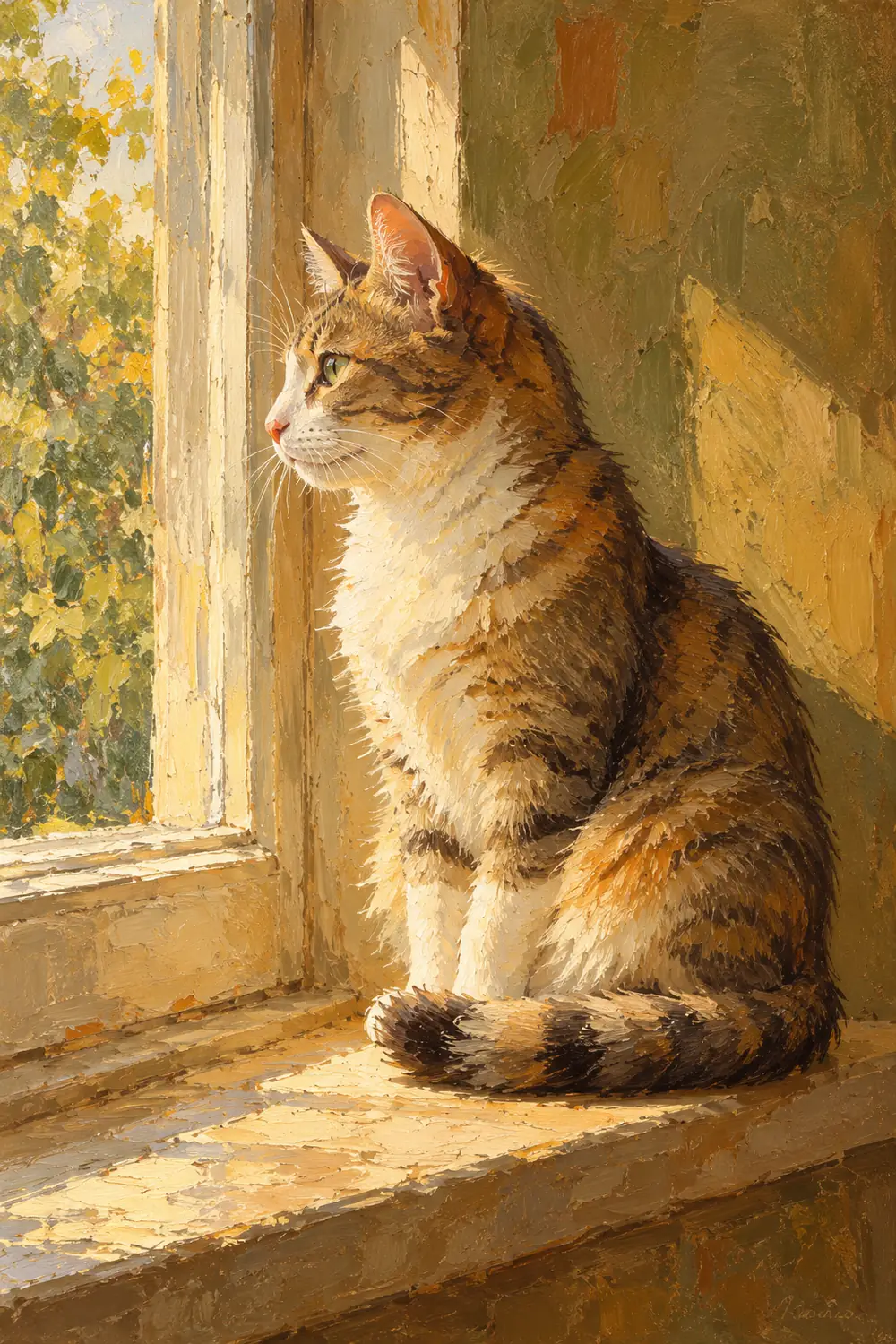 Textured oil painting of one ochre and cream cat seated in profile on a sunlit windowsill, tail curled around its paws, with foliage visible through the window and an olive wall behind it.