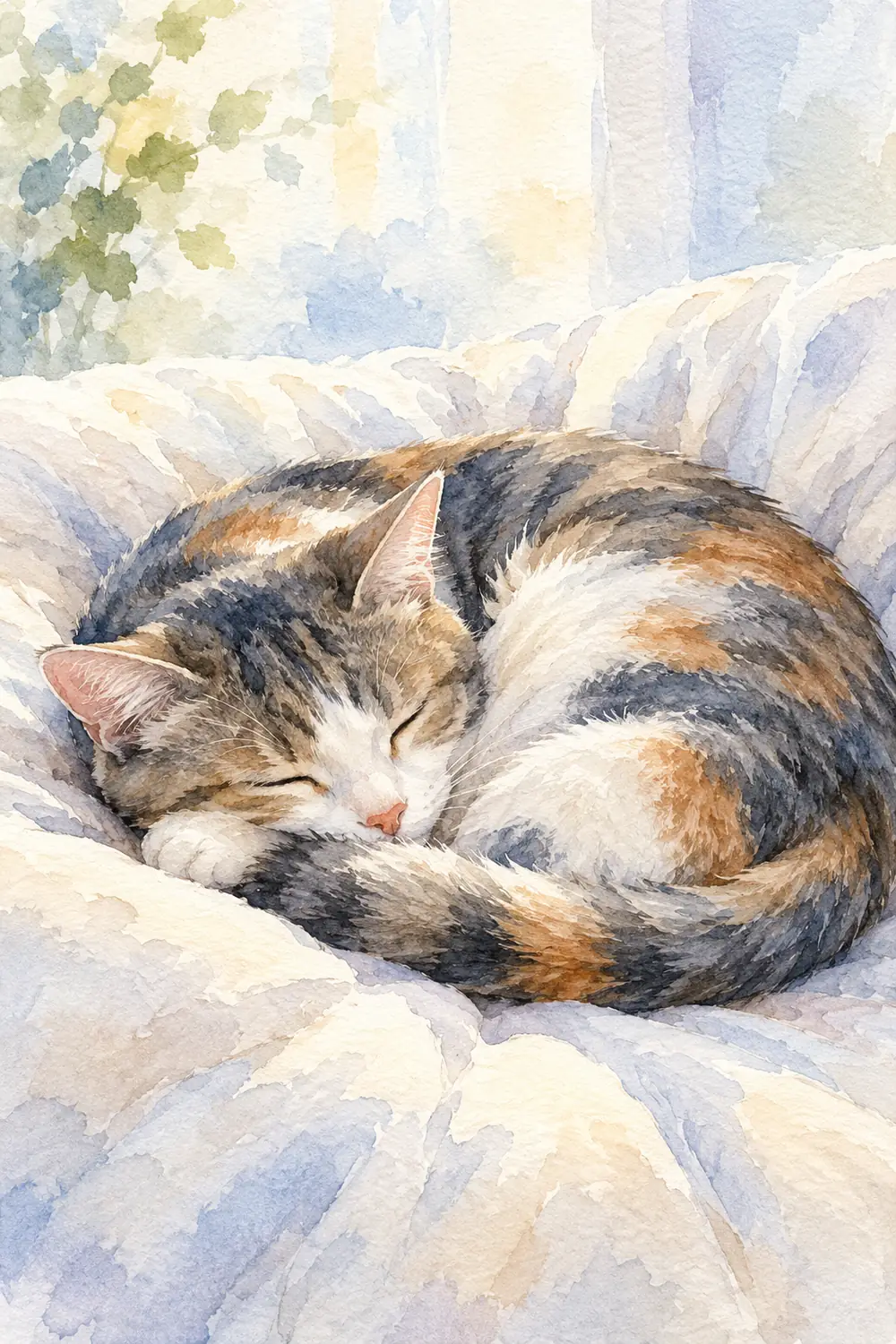 Watercolor painting of one sleeping cat curled tightly on a pale cushion, with blue-gray and russet fur against a soft, airy background.