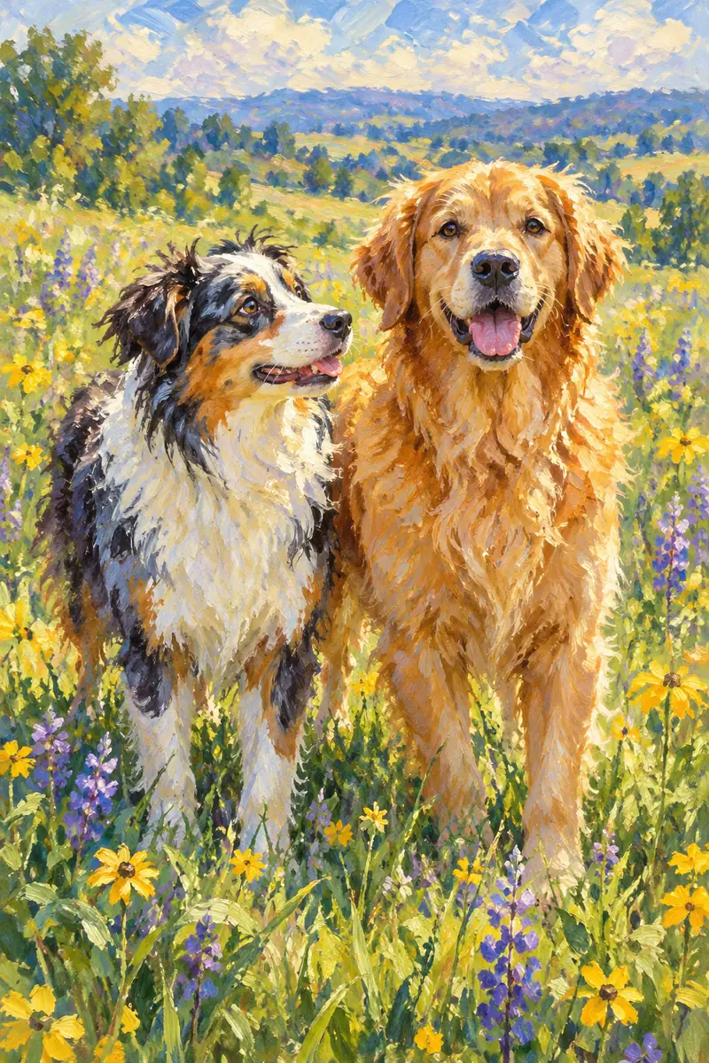 Impressionist painting of a golden dog and a black, white, and tan dog standing in a sunny meadow of yellow and purple flowers.