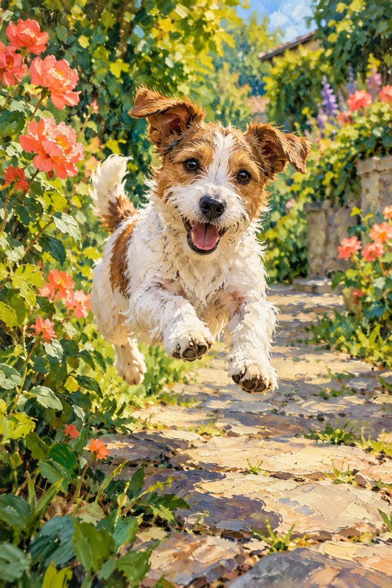 Textured acrylic painting of a cream and russet terrier bounding along a sunny garden path, framed by coral flowers and green leaves.