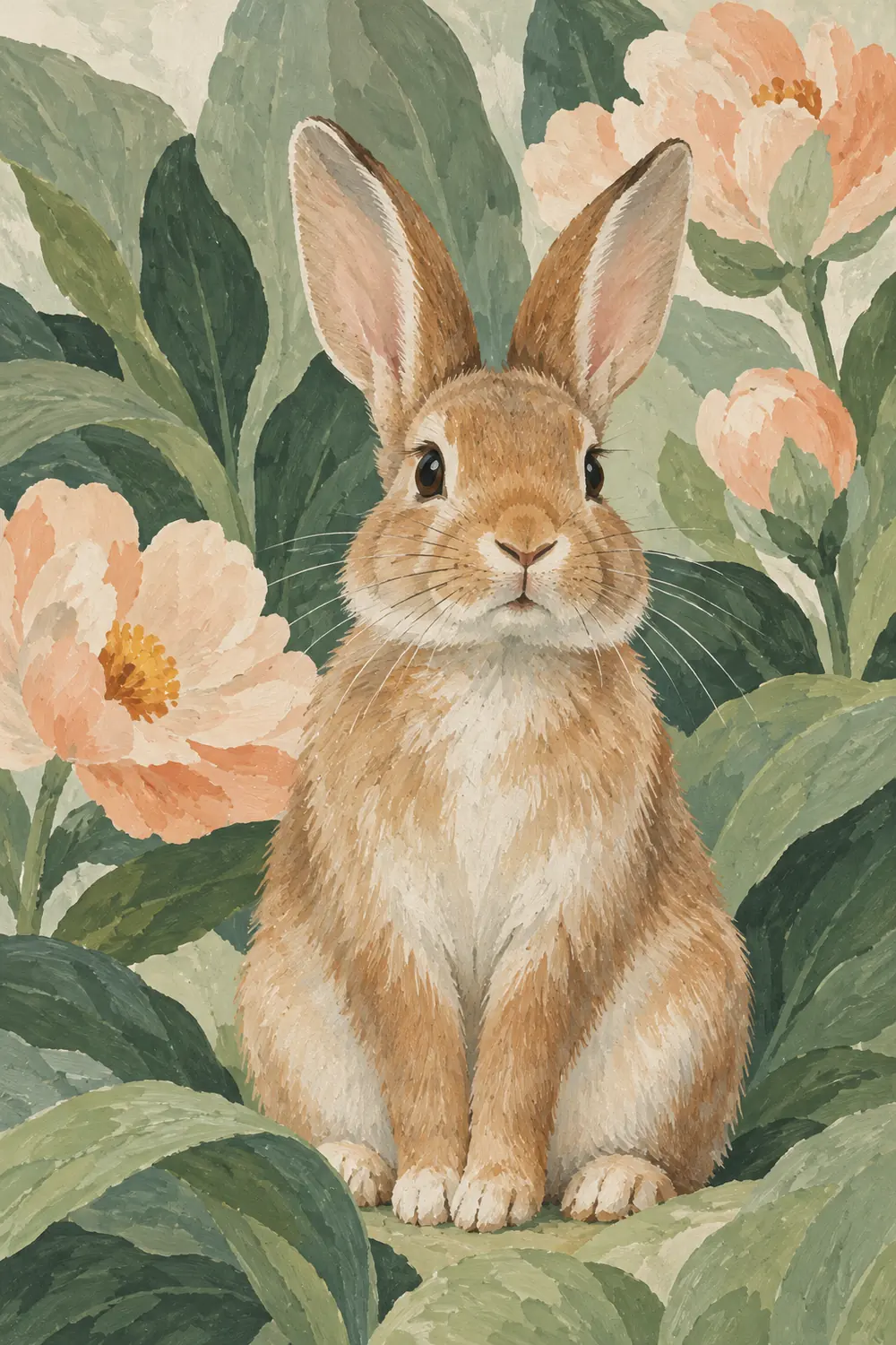 Matte gouache painting of one upright tan-and-cream rabbit among oversized sage leaves and muted peach blossoms.