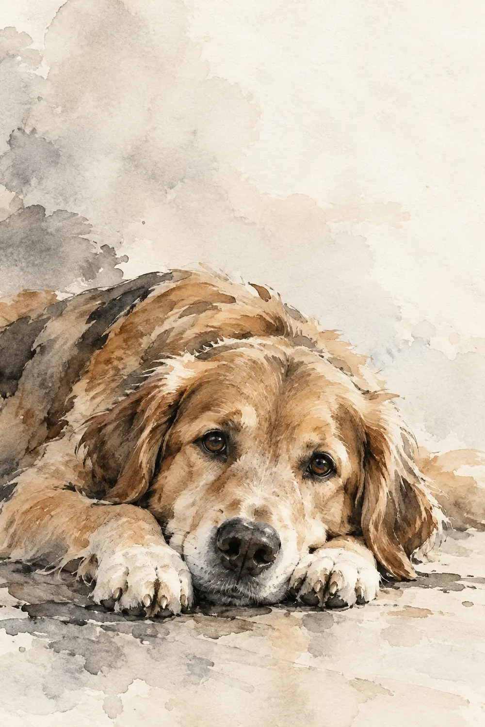 Vertical ink wash painting of one golden dog lying with its chin on its front paws, with folded ears and a pale open wash above.